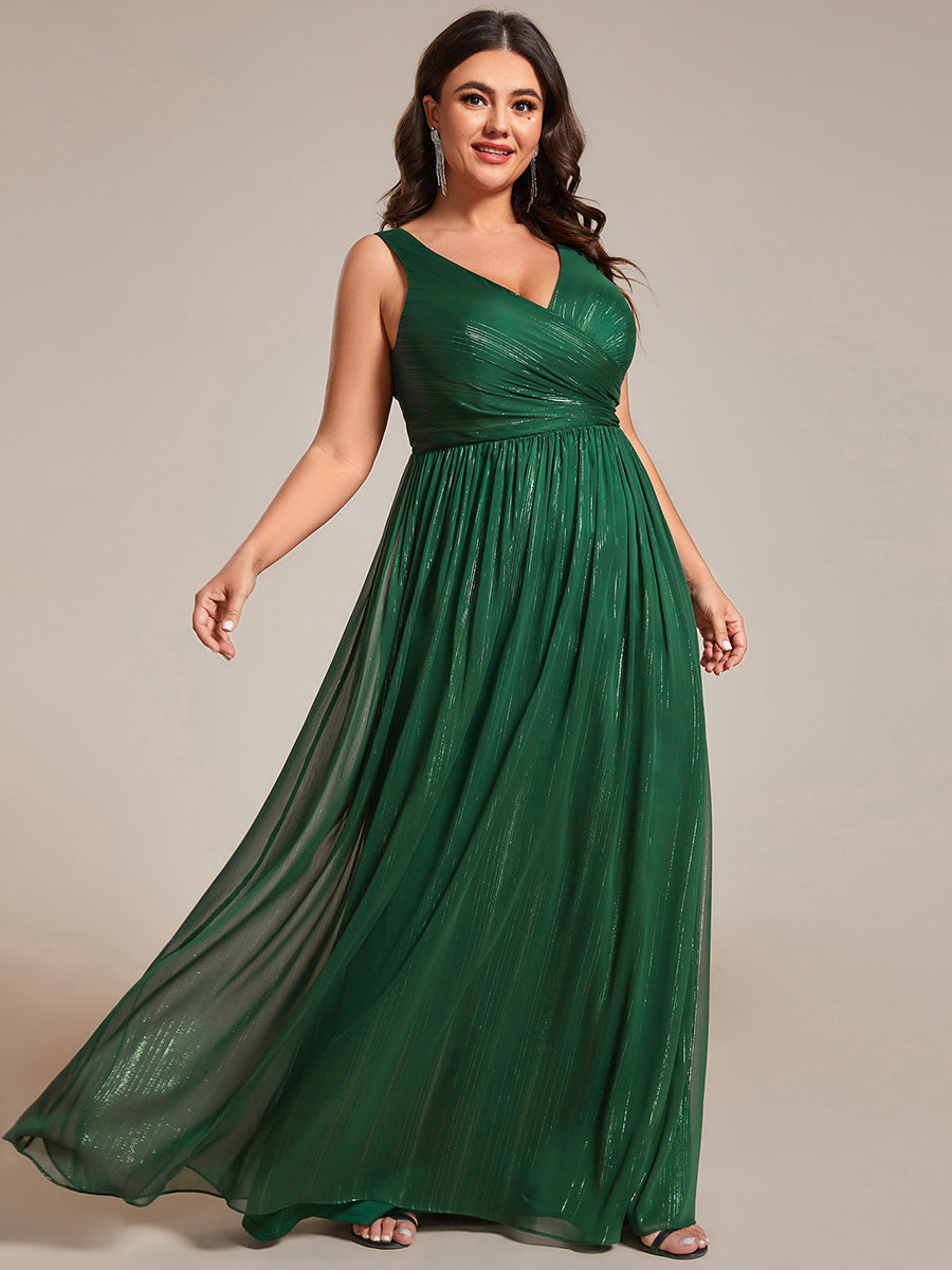 Color=Plus Charcoal | Glittery Floor Length V-Neck Sleeveless Evening Dress-Dark Green