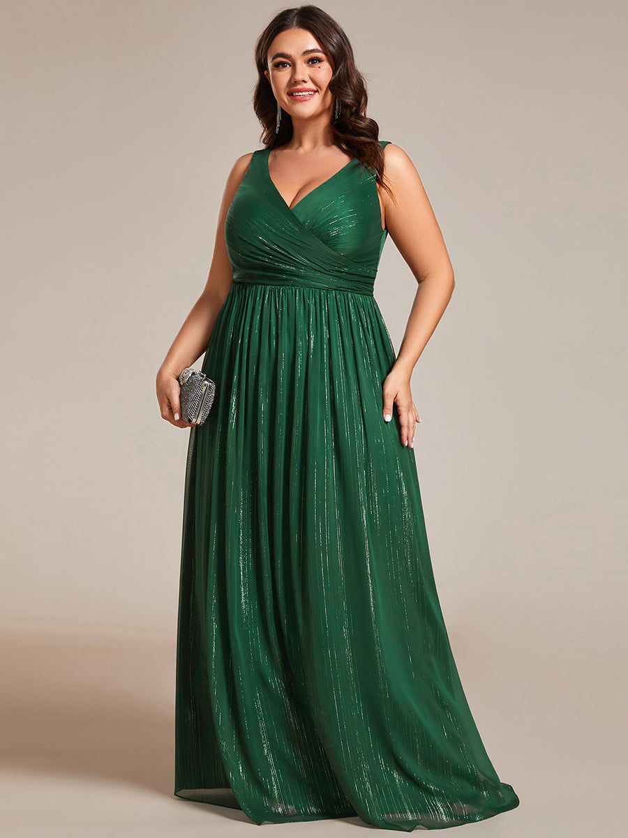 Color=Plus Charcoal | Glittery Floor Length V-Neck Sleeveless Evening Dress-Dark Green