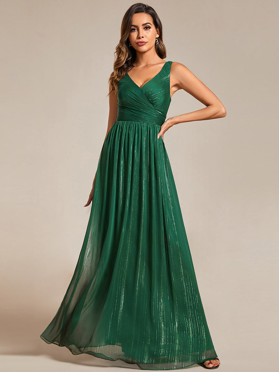 Color=Dark Green | Glittery Floor Length V-Neck Sleeveless Evening Dress-Dark Green 