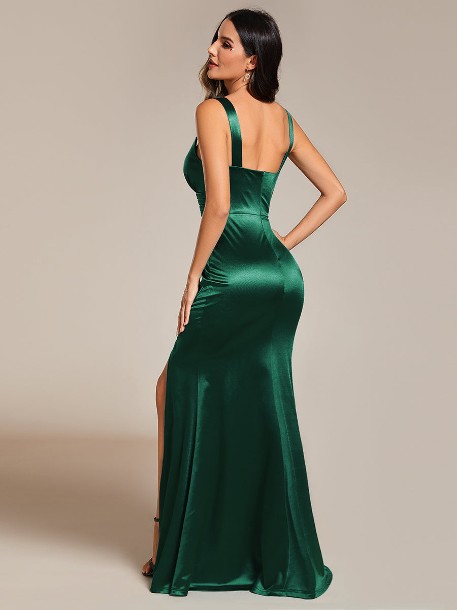 Color=Dark Green | Maxi Long V-Neck Ruched Satin Evening Dress With Sleeveless-Dark Green 4