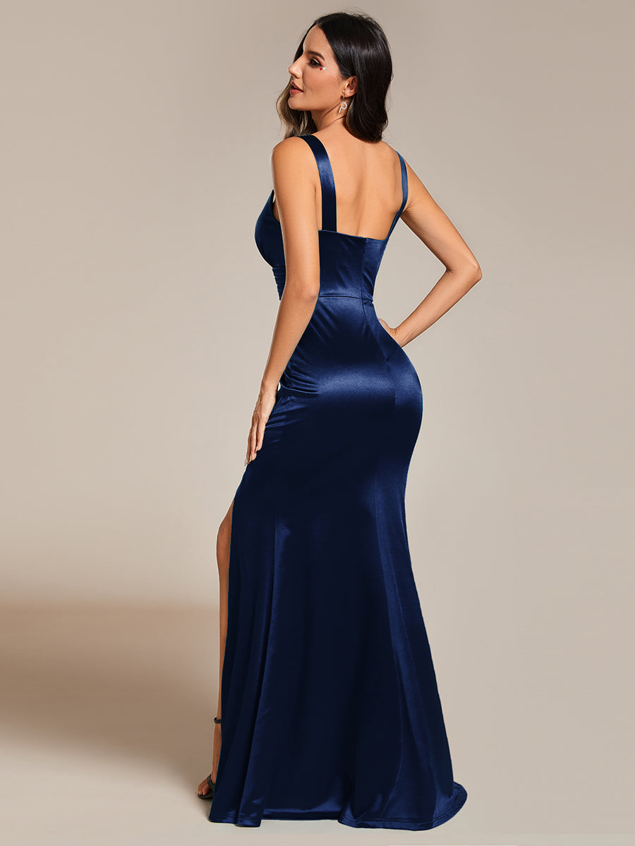 Color=Navy Blue | Maxi Long V-Neck Ruched Satin Evening Dress With Sleeveless-Navy Blue 10