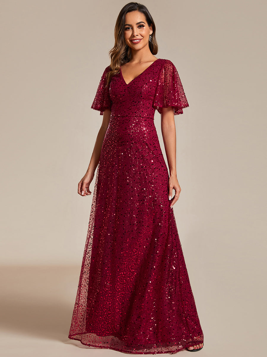 Color=Burgundy | Shiny Sequin V Neck Evening Dress With Short Sleeves-Burgundy 5