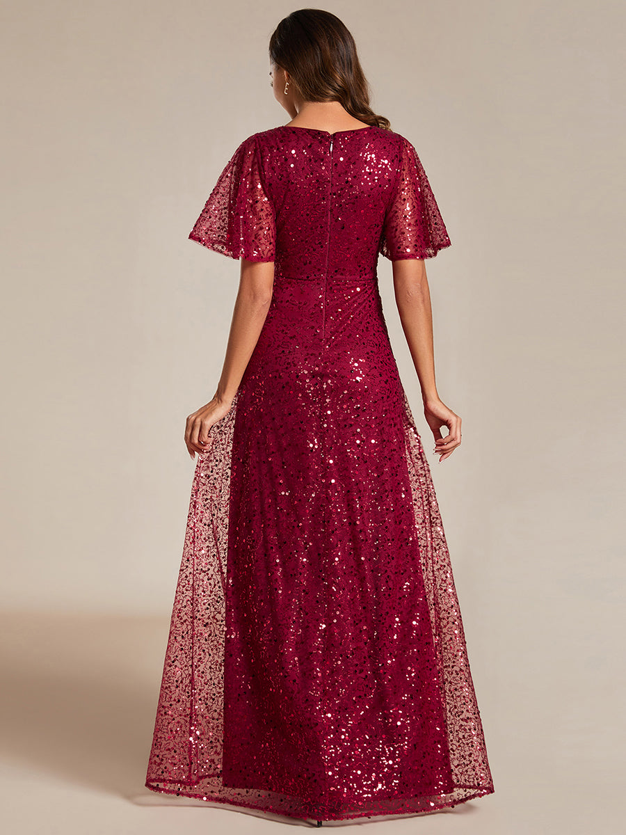 Color=Burgundy | Shiny Sequin V Neck Evening Dress With Short Sleeves-Burgundy 4
