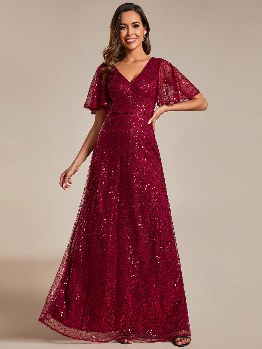 Color=Burgundy | Shiny Sequin V Neck Evening Dress With Short Sleeves-Burgundy 1