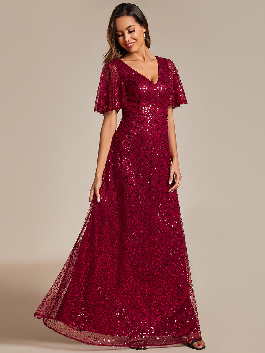 Color=Burgundy | Shiny Sequin V Neck Evening Dress With Short Sleeves-Burgundy 3