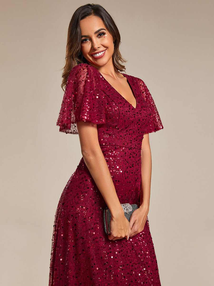 Color=Burgundy | Shiny Sequin V Neck Evening Dress With Short Sleeves-Burgundy 2