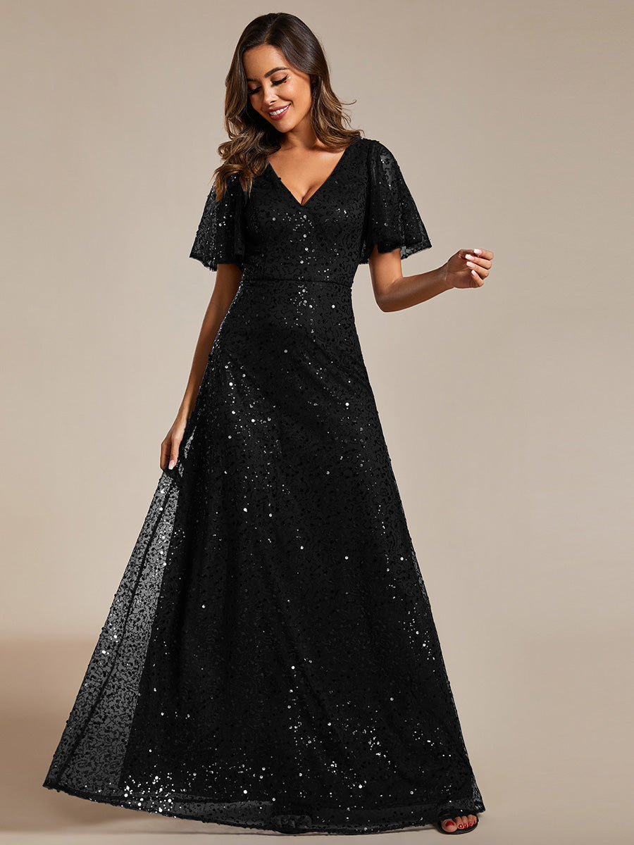 Color=Black | Shiny Sequin V Neck Evening Dress With Short Sleeves-Black 