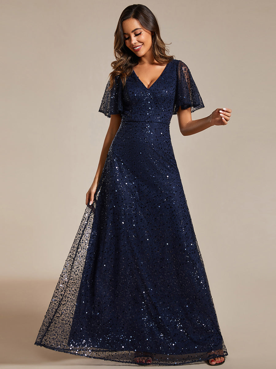 Color=Navy Blue | Shiny Sequin V Neck Evening Dress With Short Sleeves-Navy Blue 13