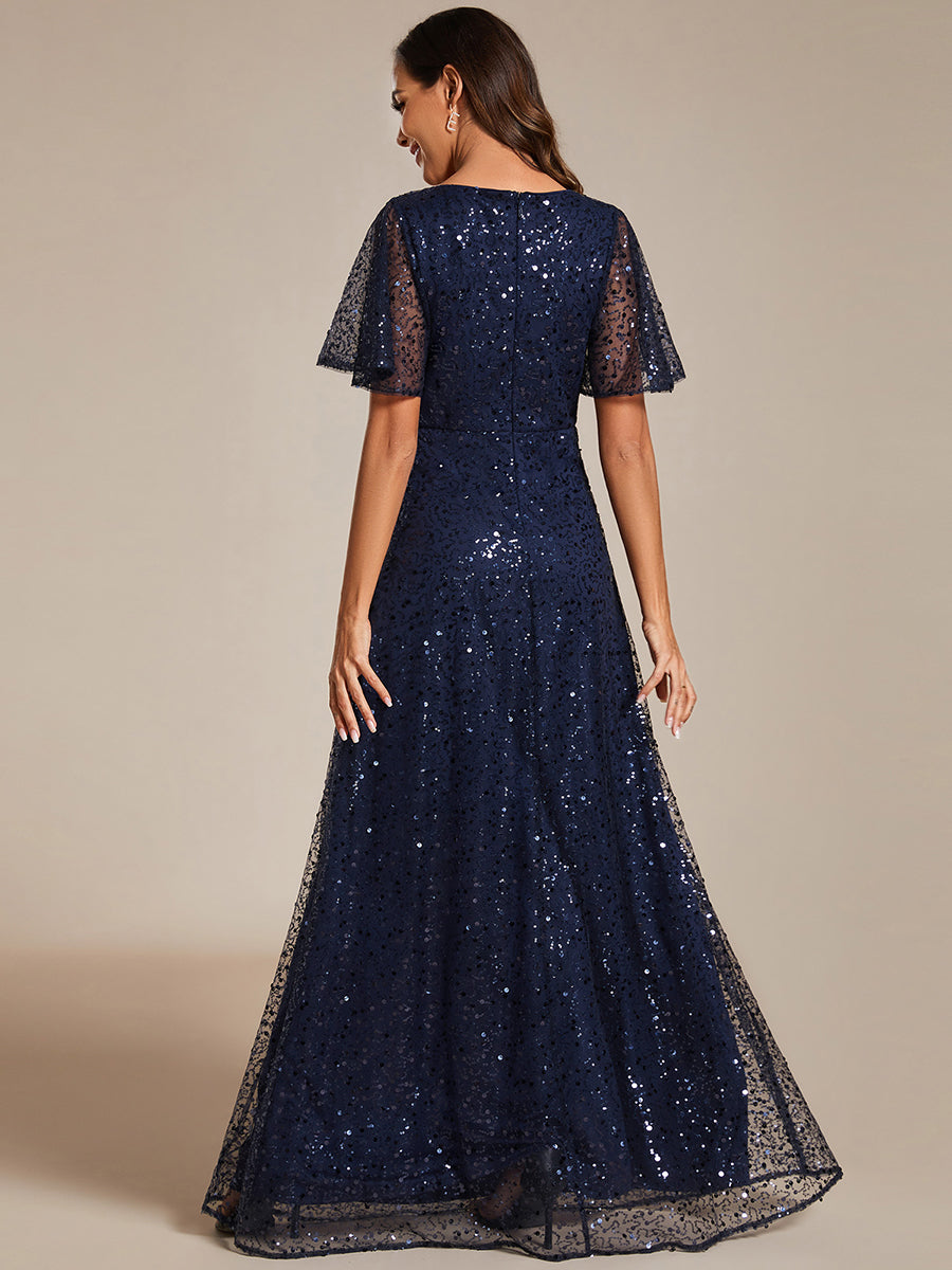 Color=Navy Blue | Shiny Sequin V Neck Evening Dress With Short Sleeves-Navy Blue 13