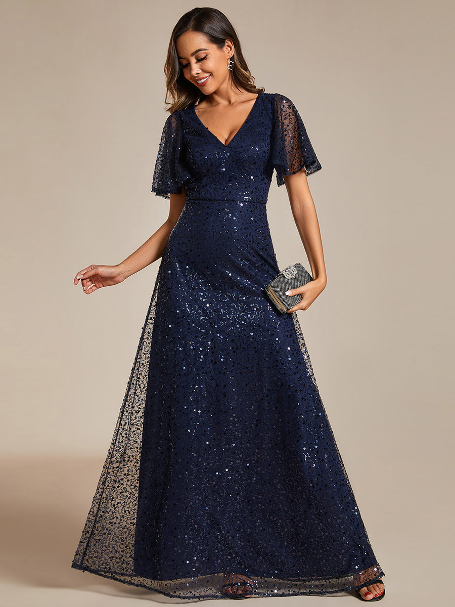 Color=Navy Blue | Shiny Sequin V Neck Evening Dress With Short Sleeves-Navy Blue 13
