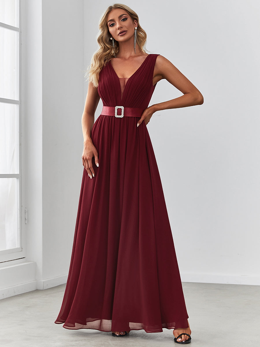Color=Burgundy | Sexy Sleeveless A Line Wholesale Bridesmaid Dresses with Deep V Neck-Burgundy 1