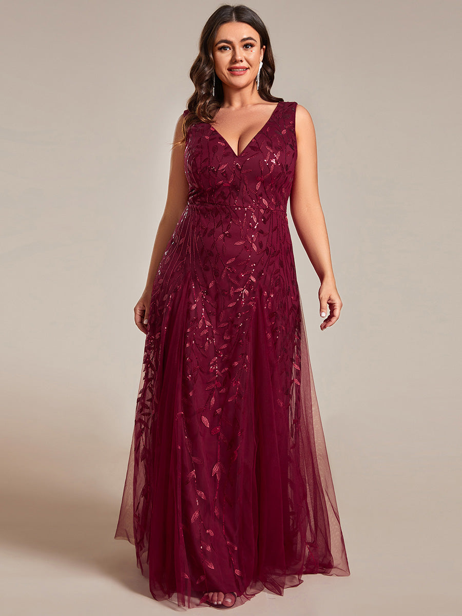 Color=Burgundy | Plus Shiny V-Neck Sequin Sleeveless Evening Dress with Tulle-Burgundy