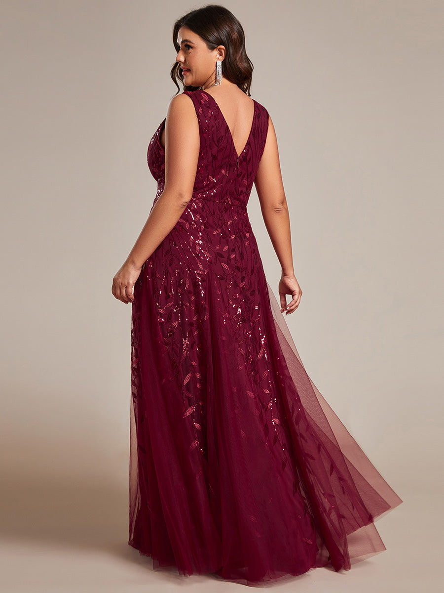 Color=Burgundy | Plus Shiny V-Neck Sequin Sleeveless Evening Dress with Tulle-Burgundy