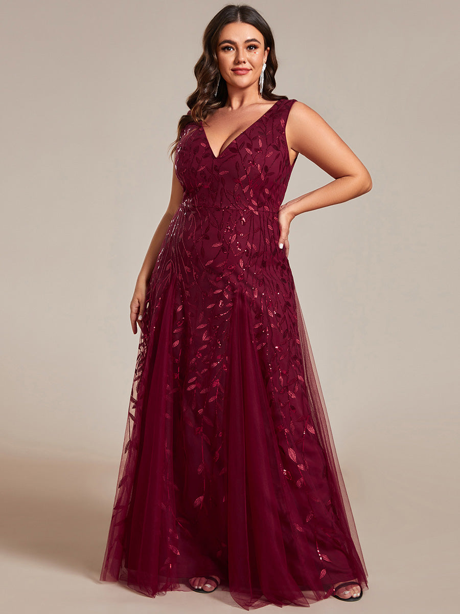 Color=Burgundy | Plus Shiny V-Neck Sequin Sleeveless Evening Dress with Tulle-Burgundy