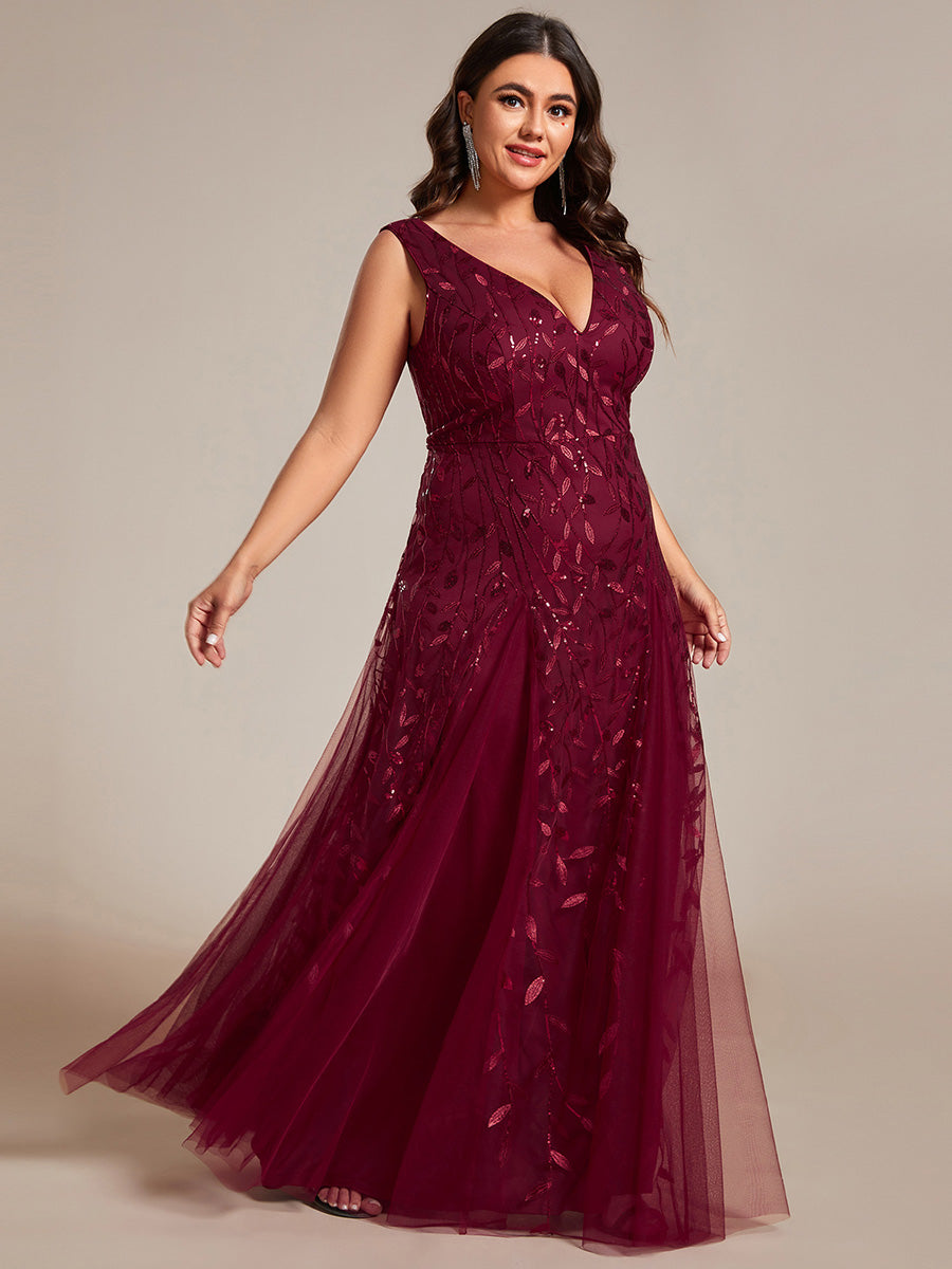 Color=Burgundy | Plus Shiny V-Neck Sequin Sleeveless Evening Dress with Tulle-Burgundy