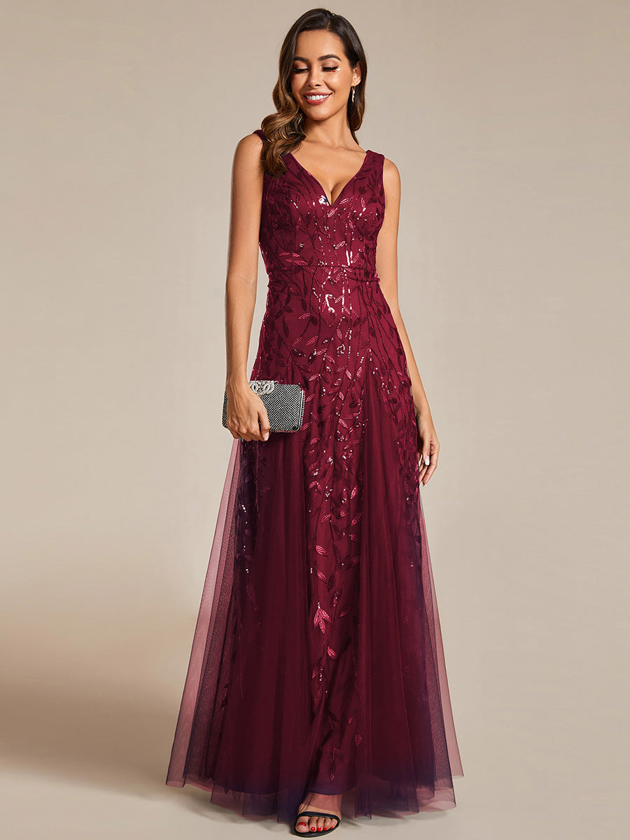 Color=Burgundy | Shiny V-Neck Sequin Sleeveless Evening Dress with Tulle-Burgundy 4