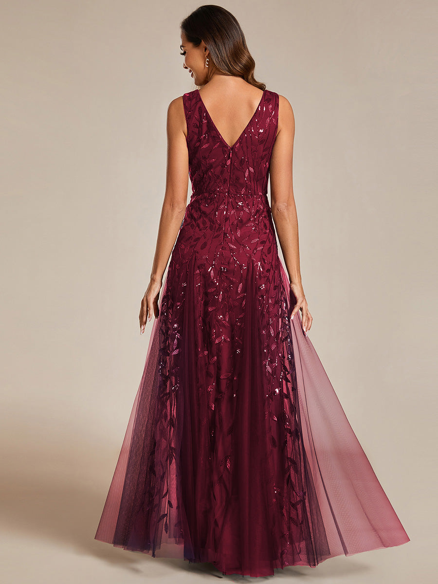 Color=Burgundy | Shiny V-Neck Sequin Sleeveless Evening Dress with Tulle-Burgundy 2