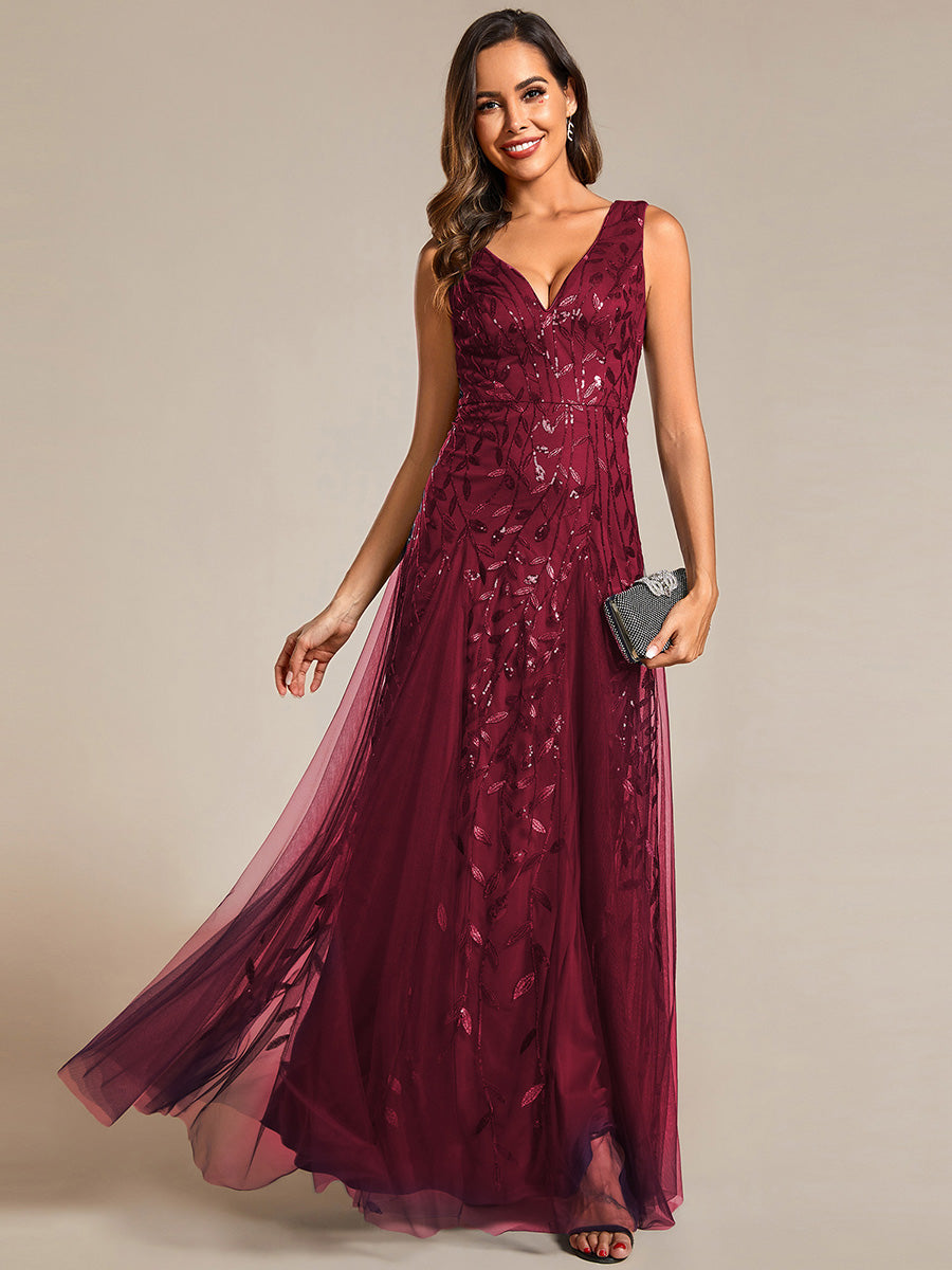 Color=Burgundy | Shiny V-Neck Sequin Sleeveless Evening Dress with Tulle-Burgundy 1
