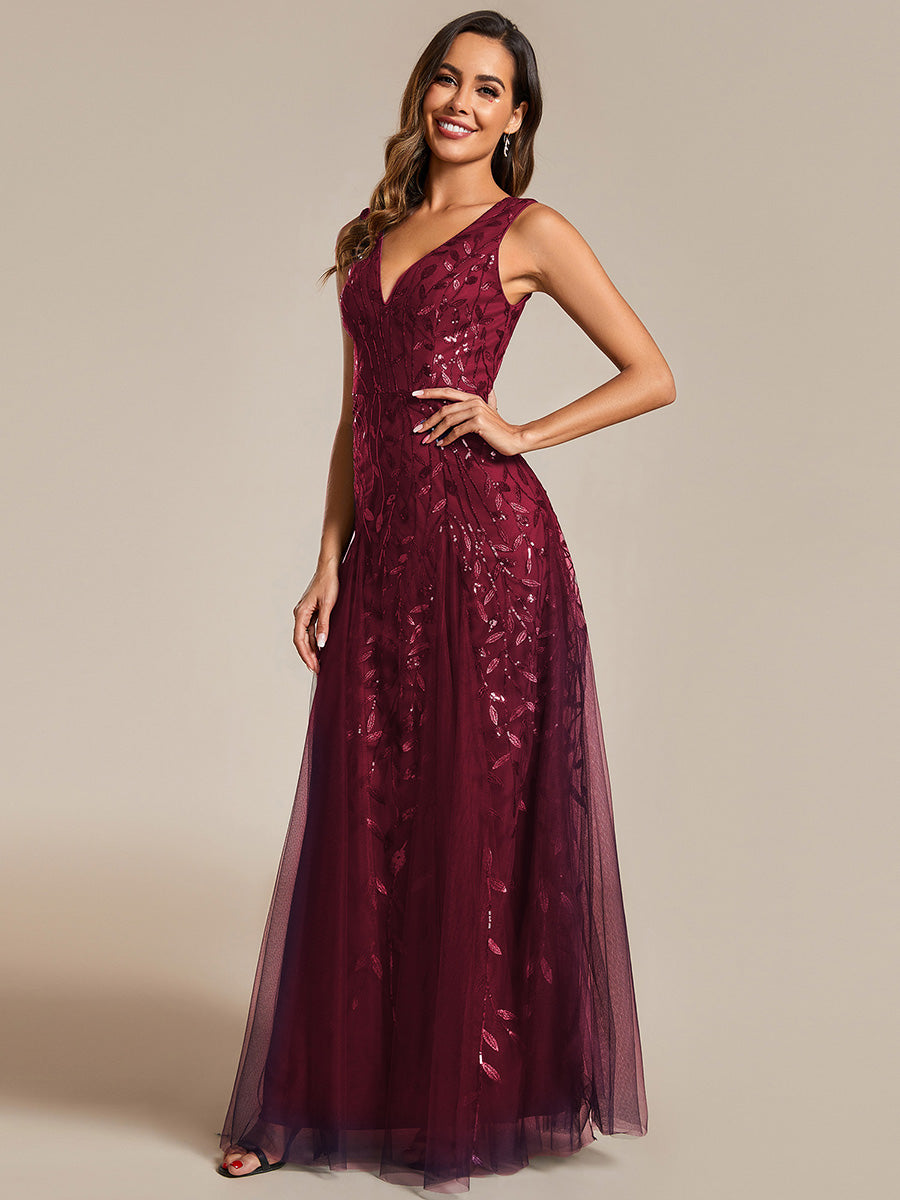 Color=Burgundy | Shiny V-Neck Sequin Sleeveless Evening Dress with Tulle-Burgundy 3