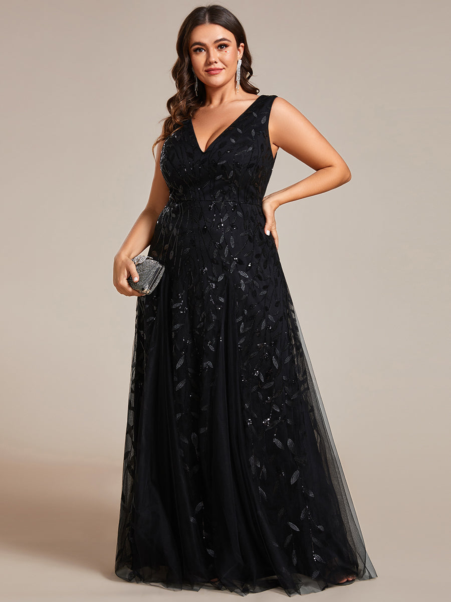 Color=Black | Plus Shiny V-Neck Sequin Sleeveless Evening Dress with Tulle-Black