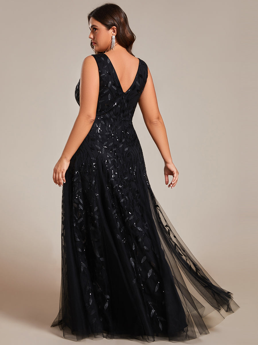 Color=Black | Plus Shiny V-Neck Sequin Sleeveless Evening Dress with Tulle-Black