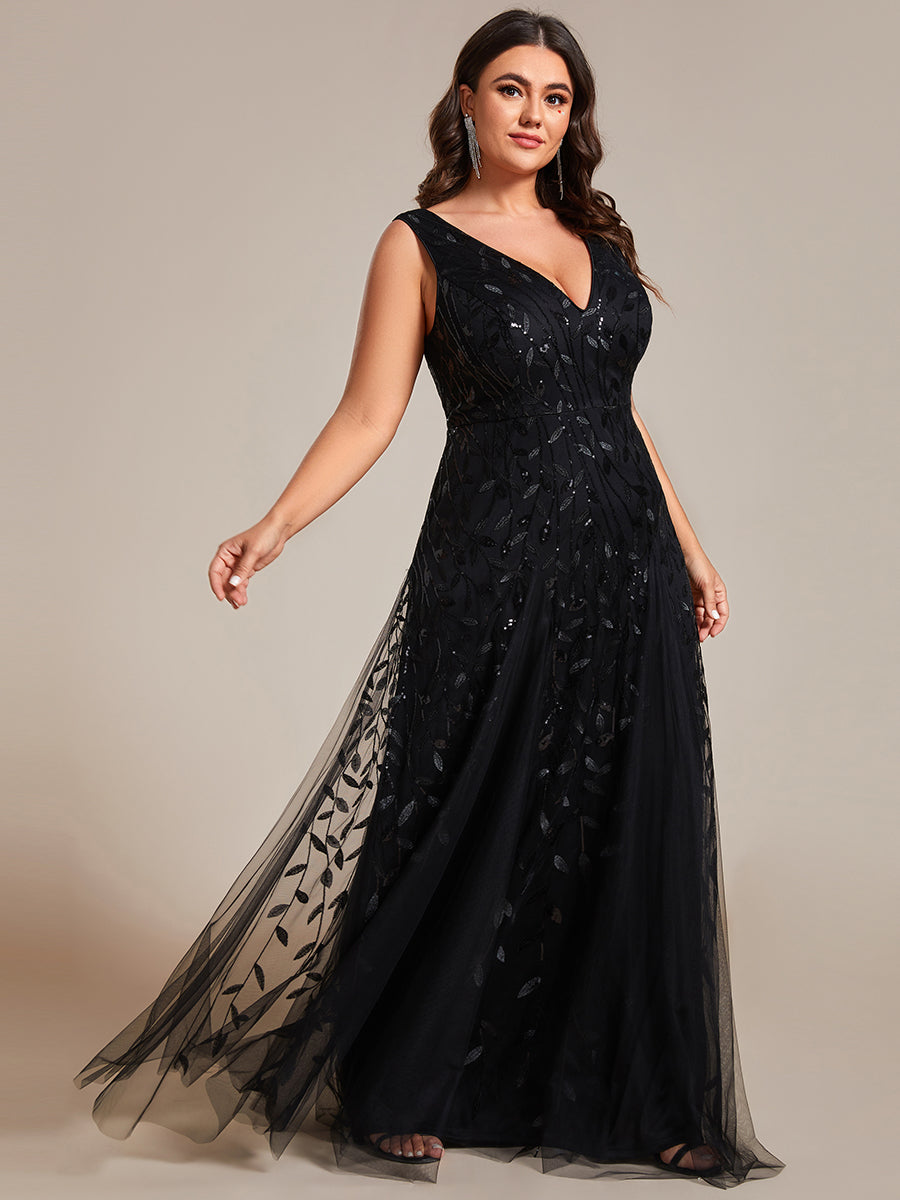 Color=Black | Plus Shiny V-Neck Sequin Sleeveless Evening Dress with Tulle-Black