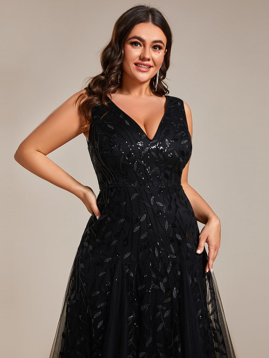 Color=Black | Plus Shiny V-Neck Sequin Sleeveless Evening Dress with Tulle-Black