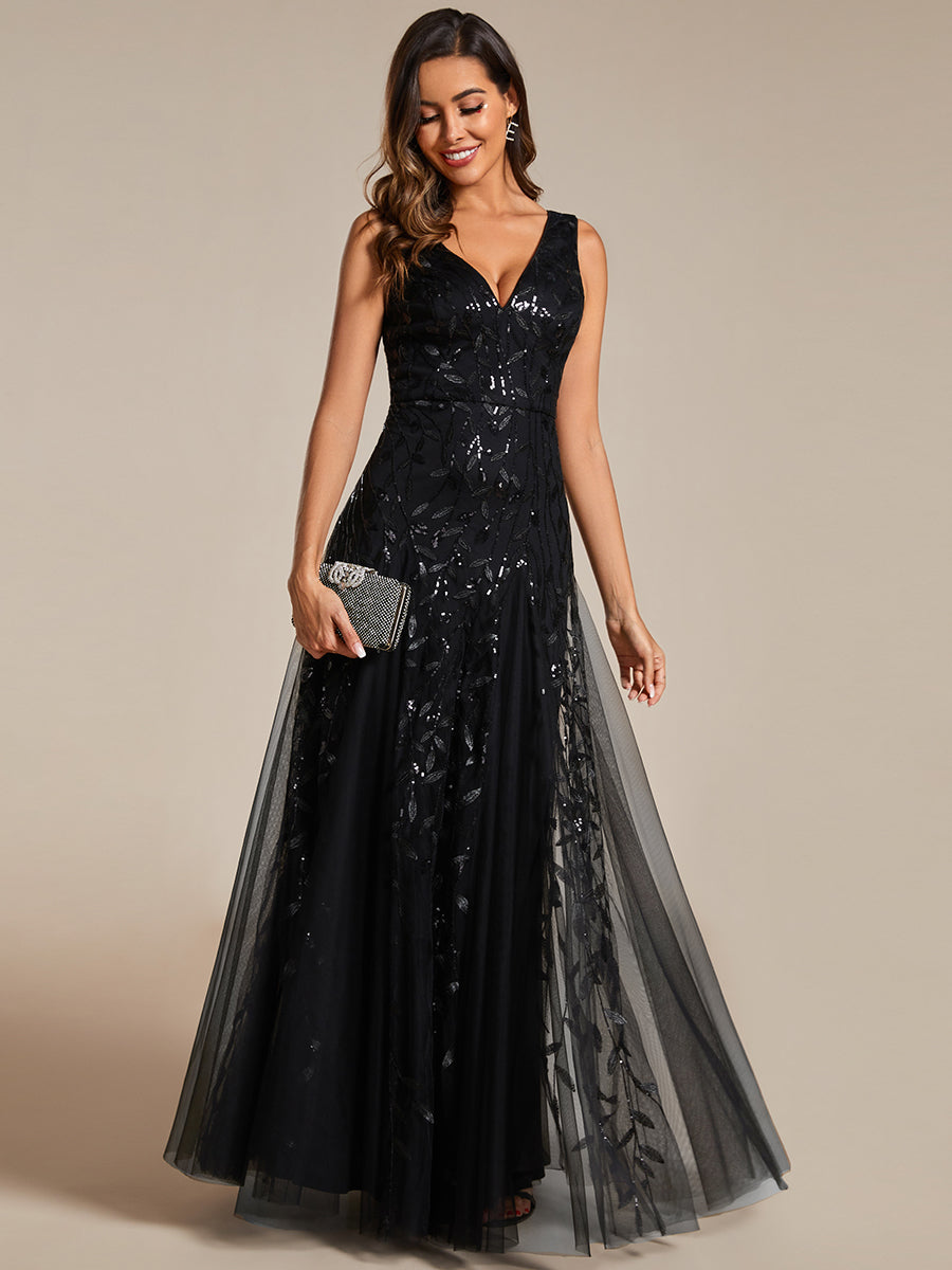 Color=Black | Shiny V-Neck Sequin Sleeveless Evening Dress with Tulle-Black 13