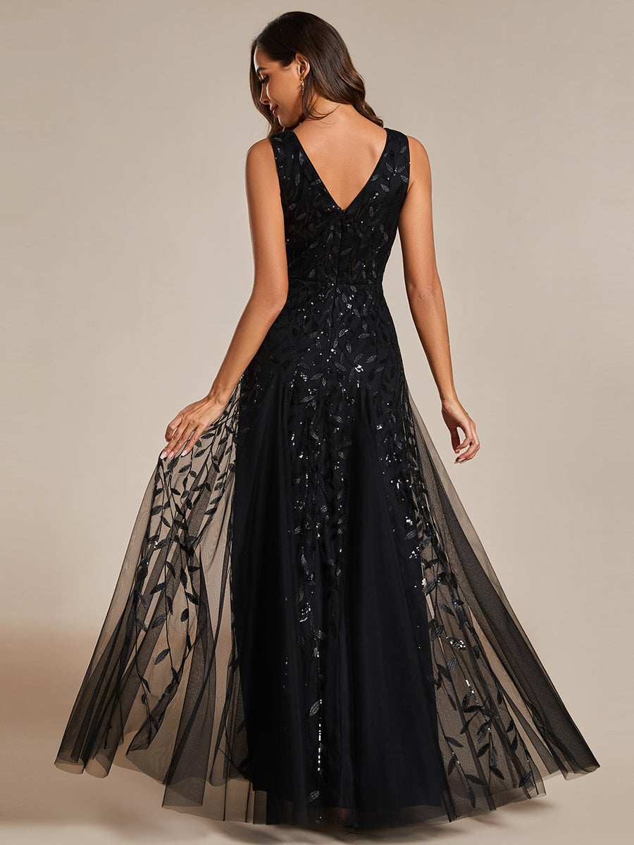 Color=Black | Shiny V-Neck Sequin Sleeveless Evening Dress with Tulle-Black 13