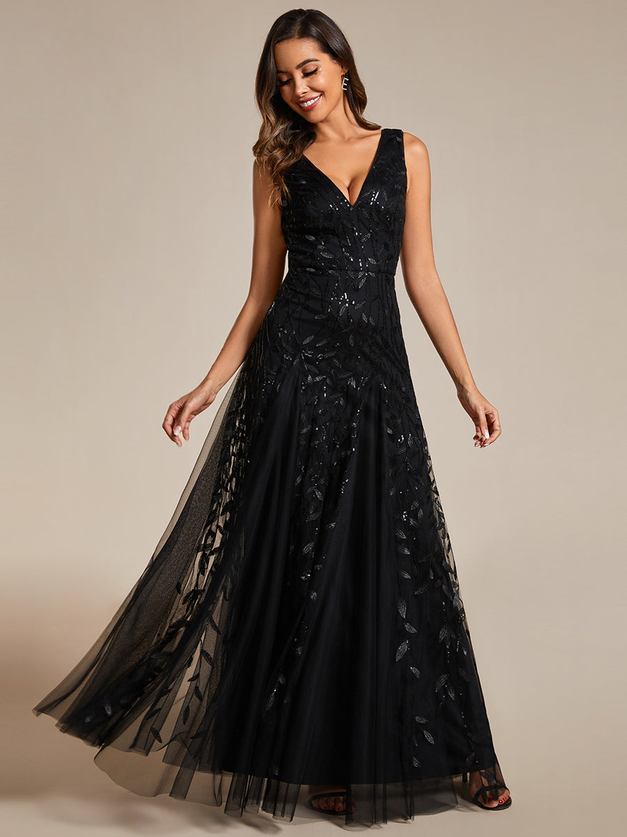 Color=Black | Shiny V-Neck Sequin Sleeveless Evening Dress with Tulle-Black 13