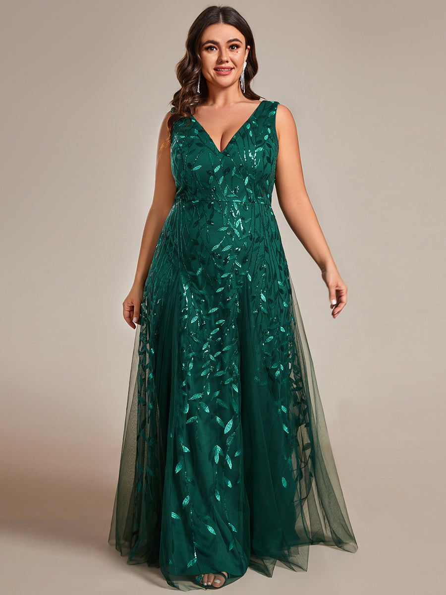 Color=Dark Green | Plus Shiny V-Neck Sequin Sleeveless Evening Dress with Tulle-Dark Green 