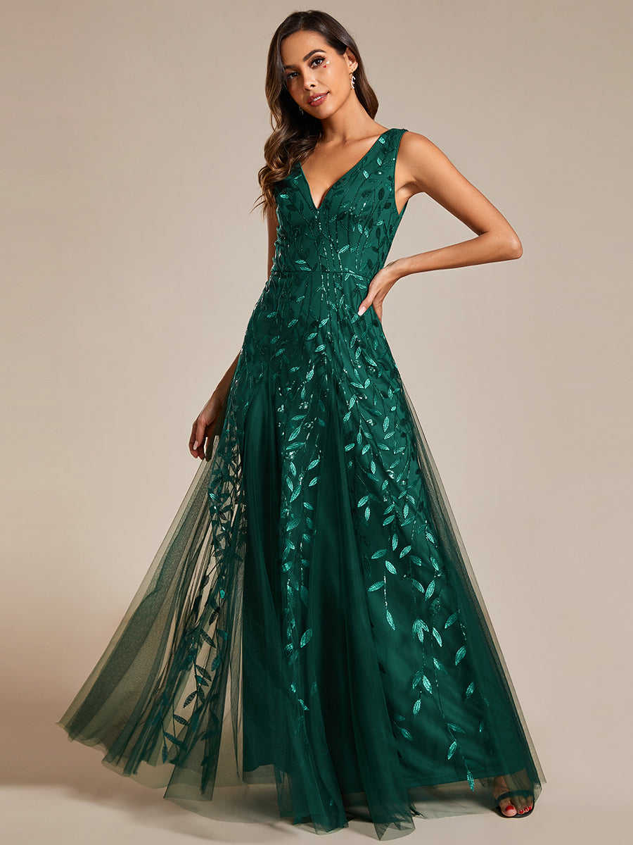 Color=Dark Green | Shiny V-Neck Sequin Sleeveless Evening Dress with Tulle-Dark Green 
