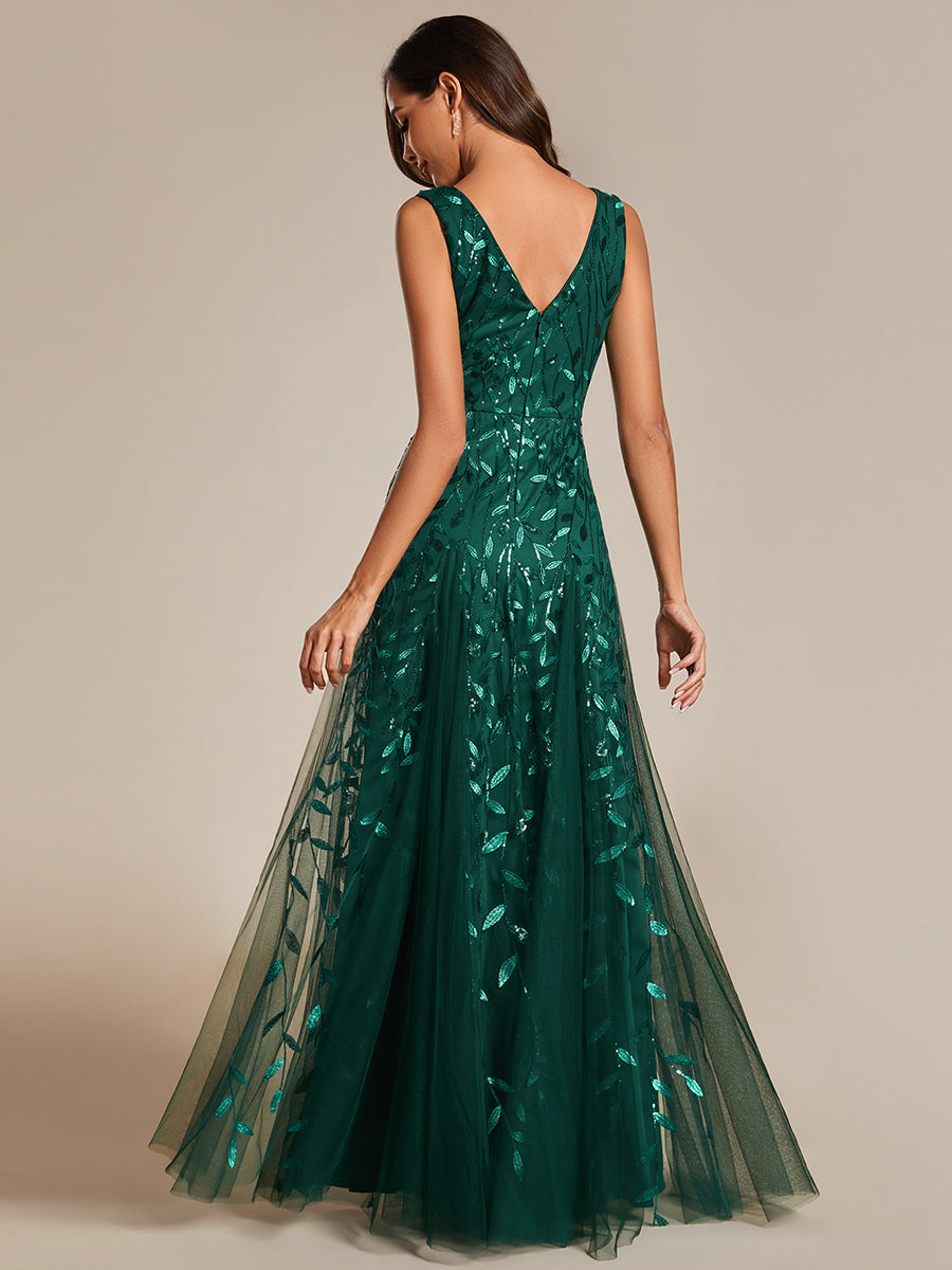 Color=Dark Green | Shiny V-Neck Sequin Sleeveless Evening Dress with Tulle-Dark Green 