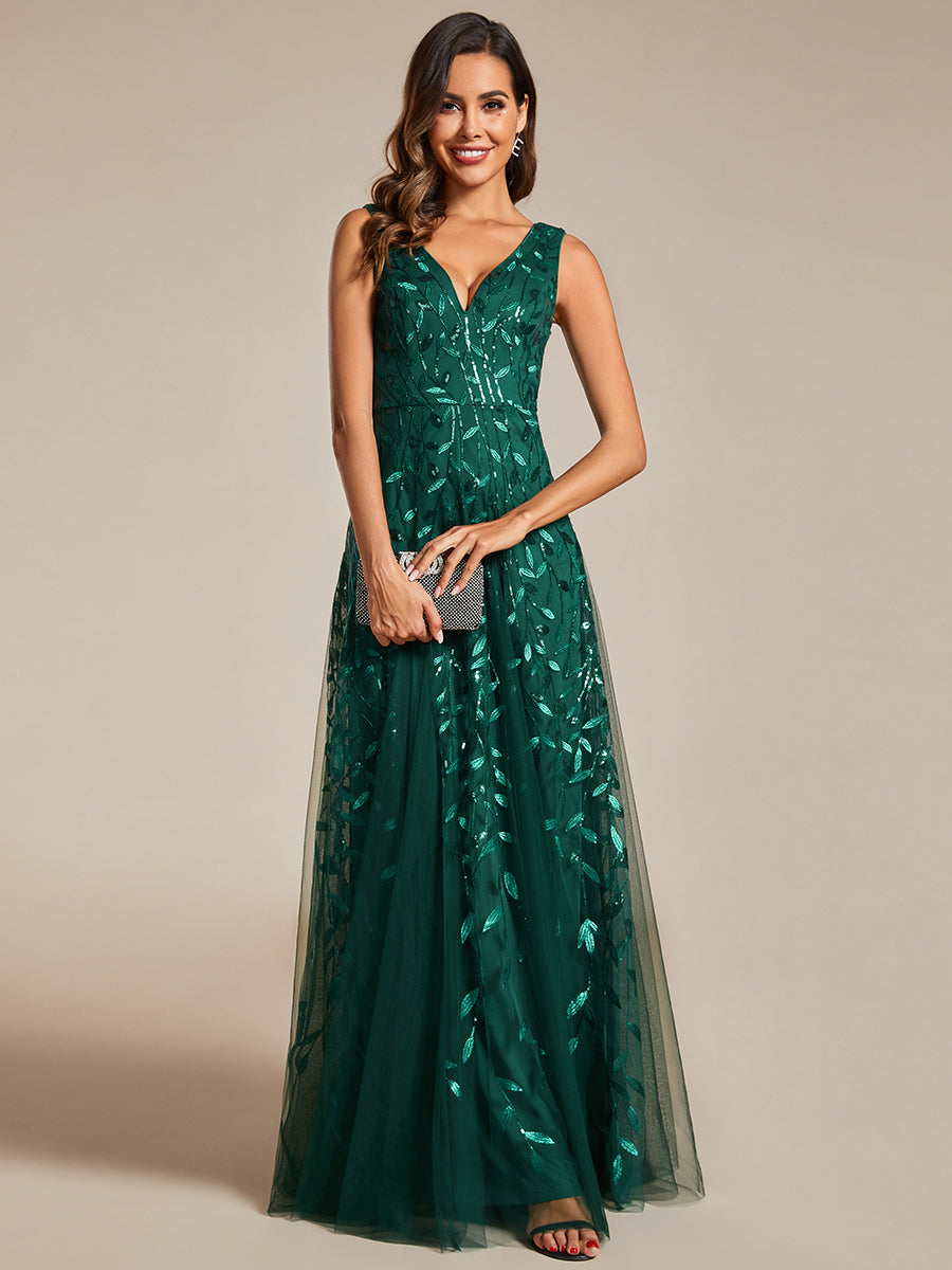 Color=Dark Green | Shiny V-Neck Sequin Sleeveless Evening Dress with Tulle-Dark Green 