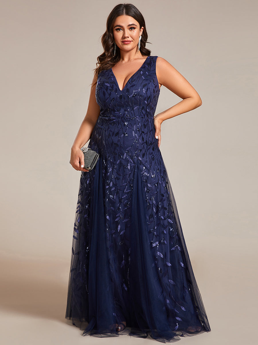 Color=Navy Blue | Plus Shiny V-Neck Sequin Sleeveless Evening Dress with Tulle-Navy Blue