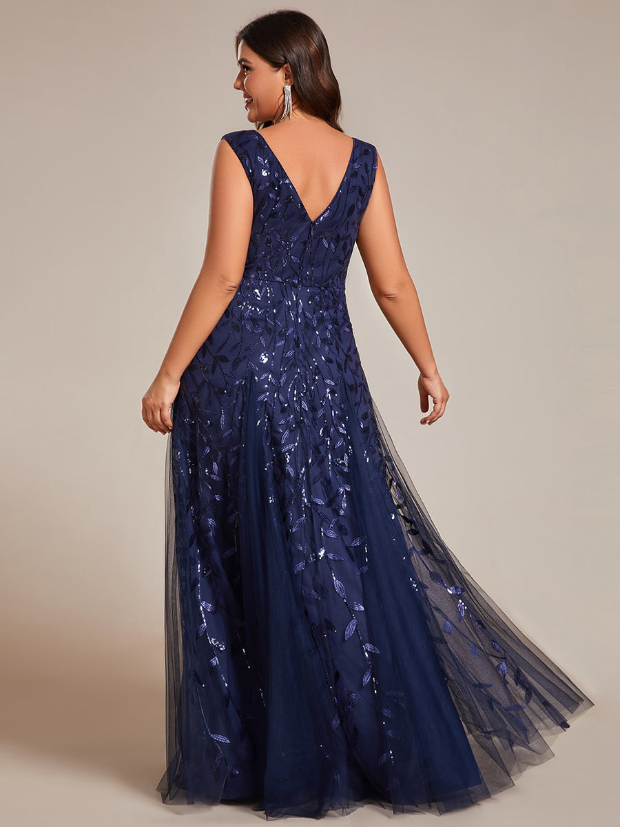 Color=Navy Blue | Plus Shiny V-Neck Sequin Sleeveless Evening Dress with Tulle-Navy Blue