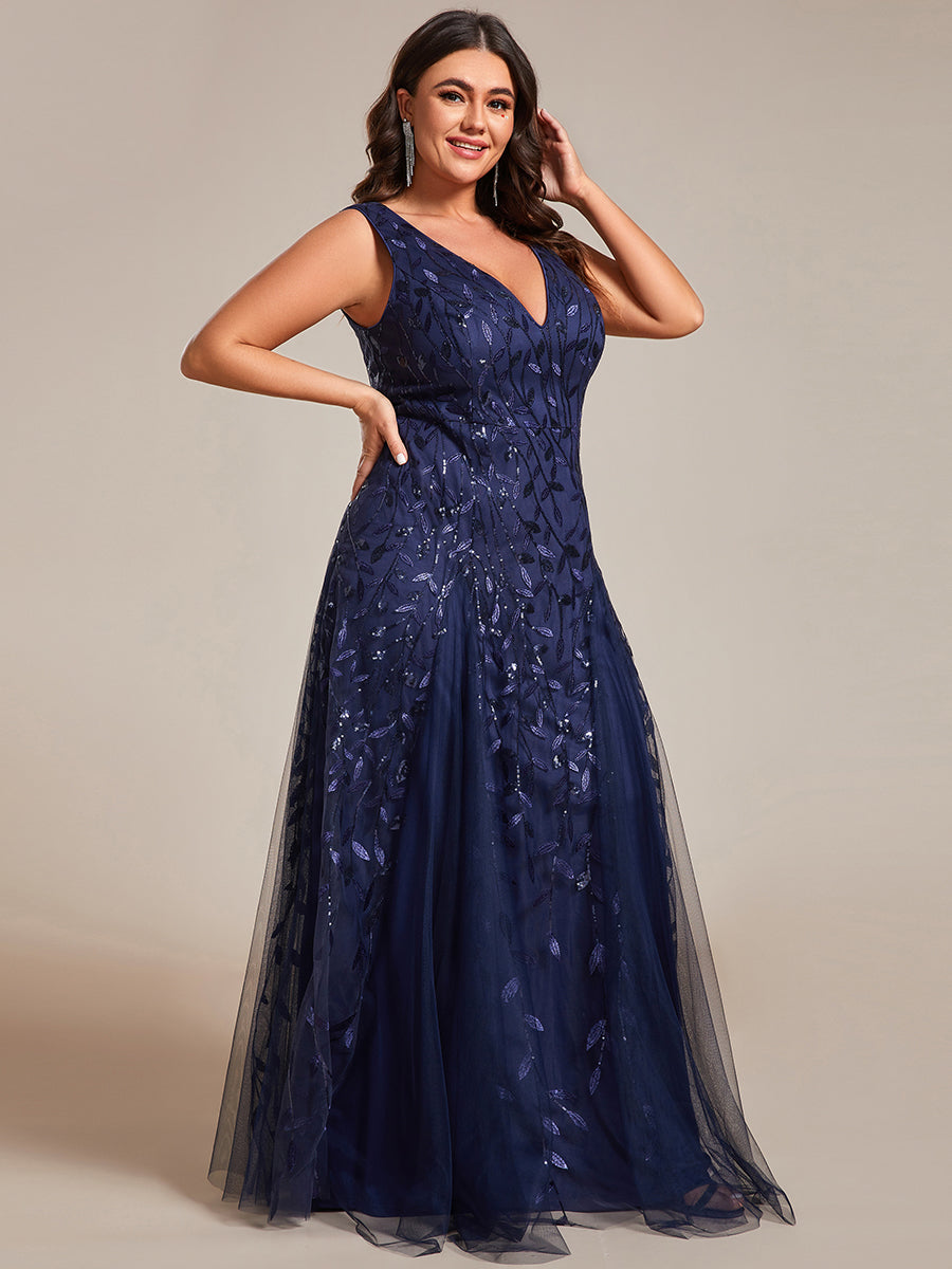 Color=Navy Blue | Plus Shiny V-Neck Sequin Sleeveless Evening Dress with Tulle-Navy Blue