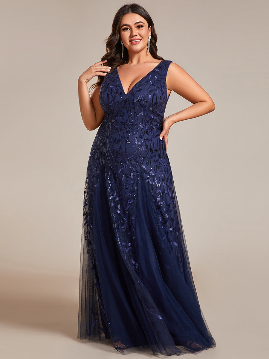 Color=Navy Blue | Plus Shiny V-Neck Sequin Sleeveless Evening Dress with Tulle-Navy Blue