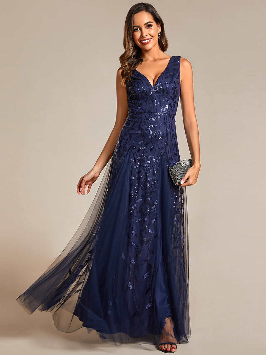 Color=Navy Blue | Shiny V-Neck Sequin Sleeveless Evening Dress with Tulle-Navy Blue 