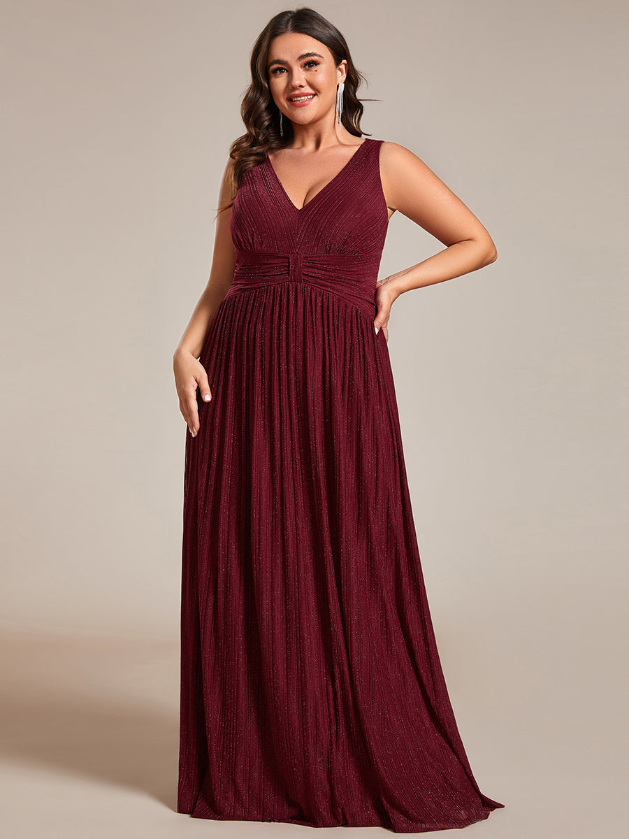 Color=Burgundy | Plus Glittery Pleated Empire Waist Sleeveless Formal Evening Dress-Burgundy