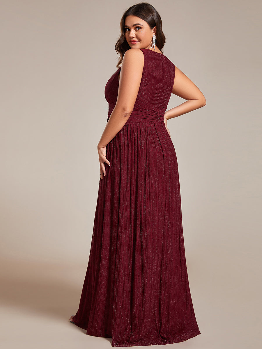 Color=Burgundy | Plus Glittery Pleated Empire Waist Sleeveless Formal Evening Dress-Burgundy