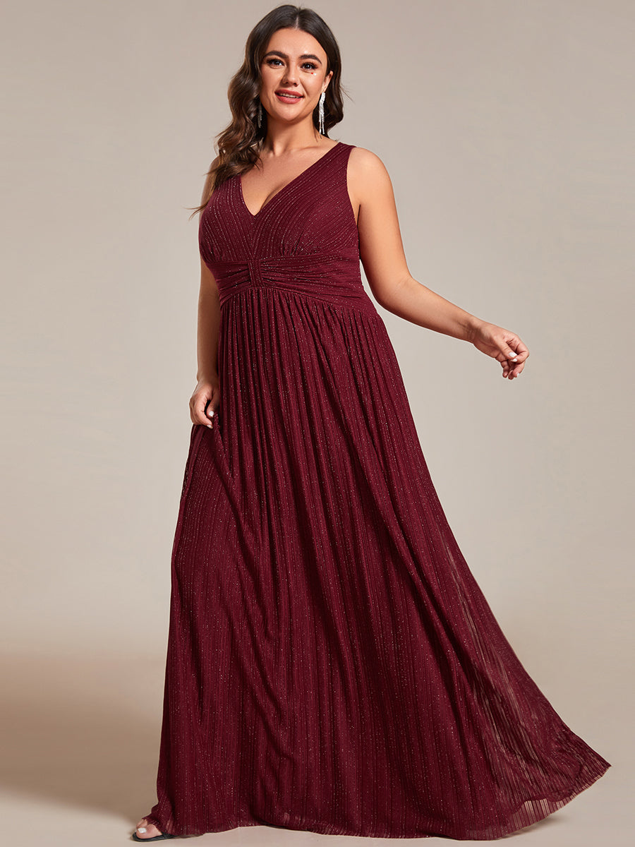 Color=Burgundy | Plus Glittery Pleated Empire Waist Sleeveless Formal Evening Dress-Burgundy