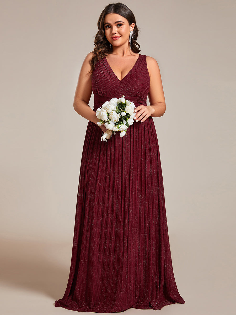 Color=Burgundy | Plus Glittery Pleated Empire Waist Sleeveless Formal Evening Dress-Burgundy