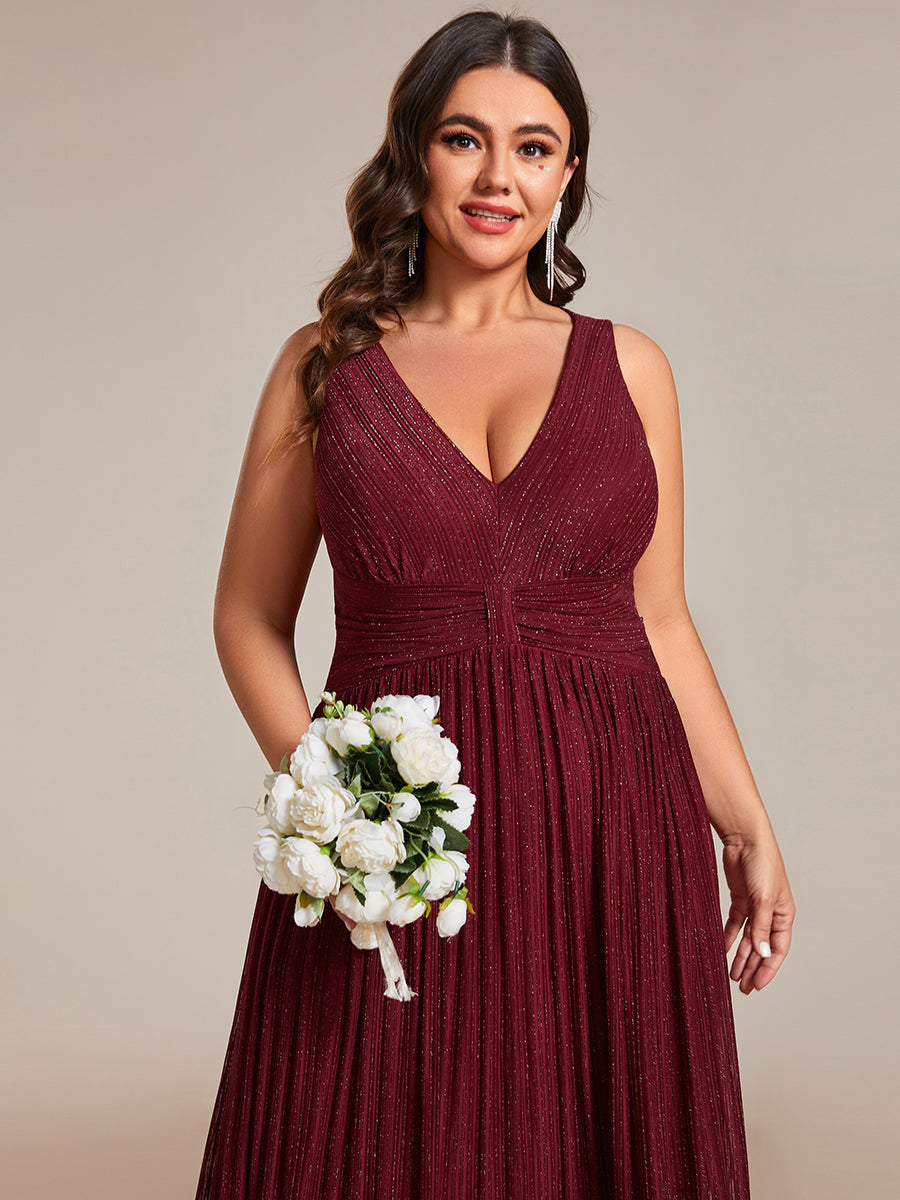 Color=Burgundy | Plus Glittery Pleated Empire Waist Sleeveless Formal Evening Dress-Burgundy