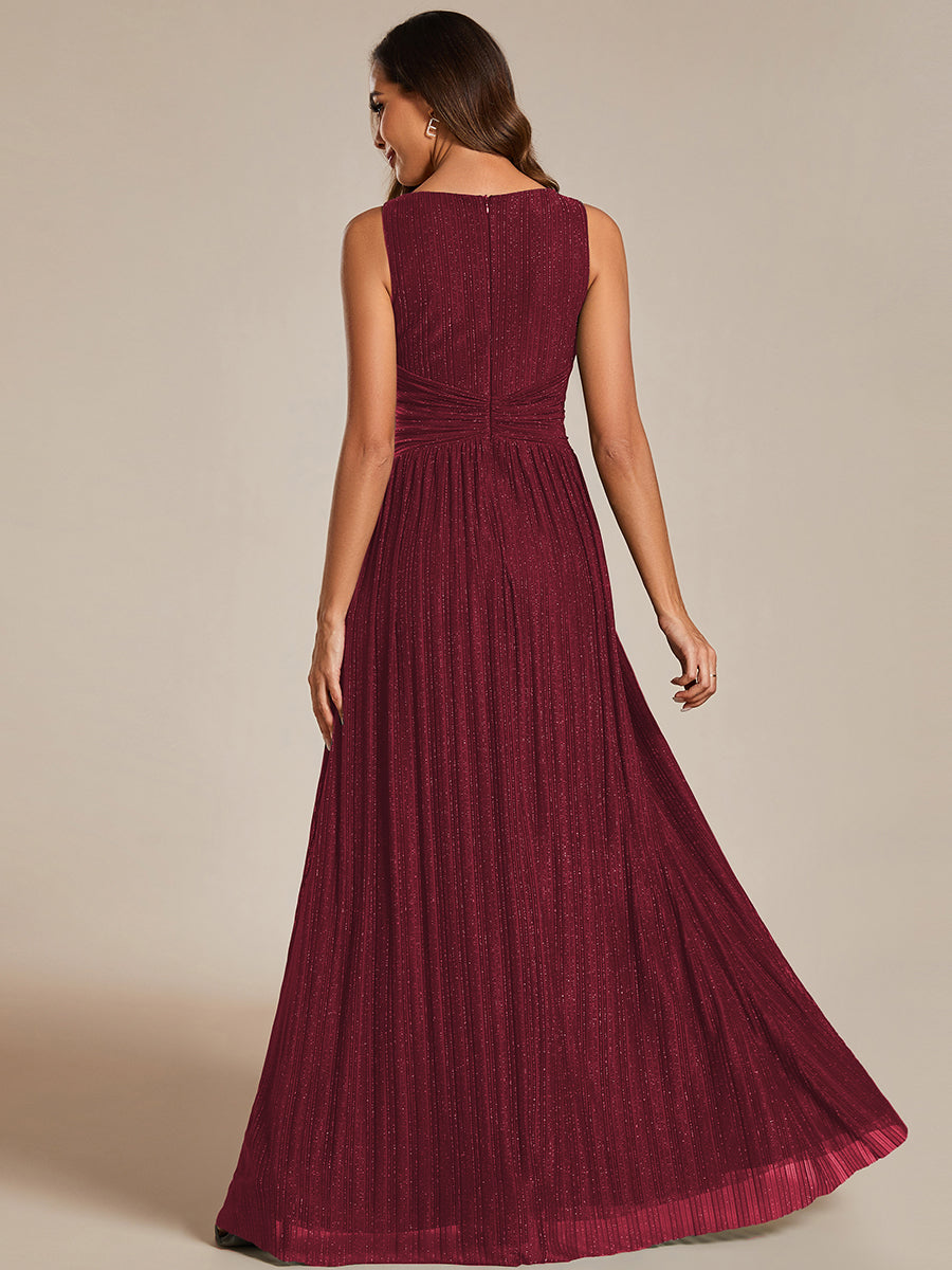 Color=Burgundy | Glittery Pleated Empire Waist Sleeveless Formal Evening Dress-Burgundy 2