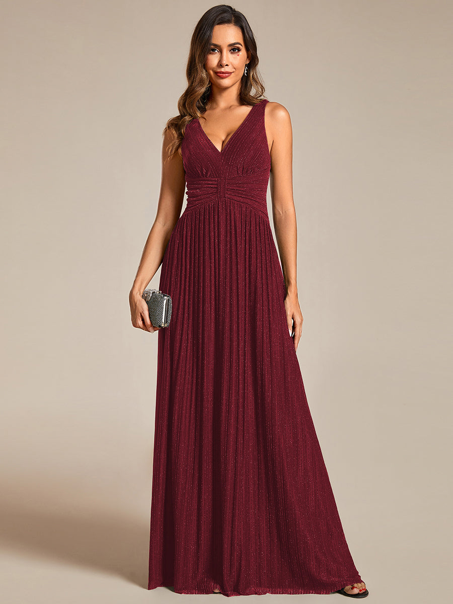 Color=Burgundy | Glittery Pleated Empire Waist Sleeveless Formal Evening Dress-Burgundy 5