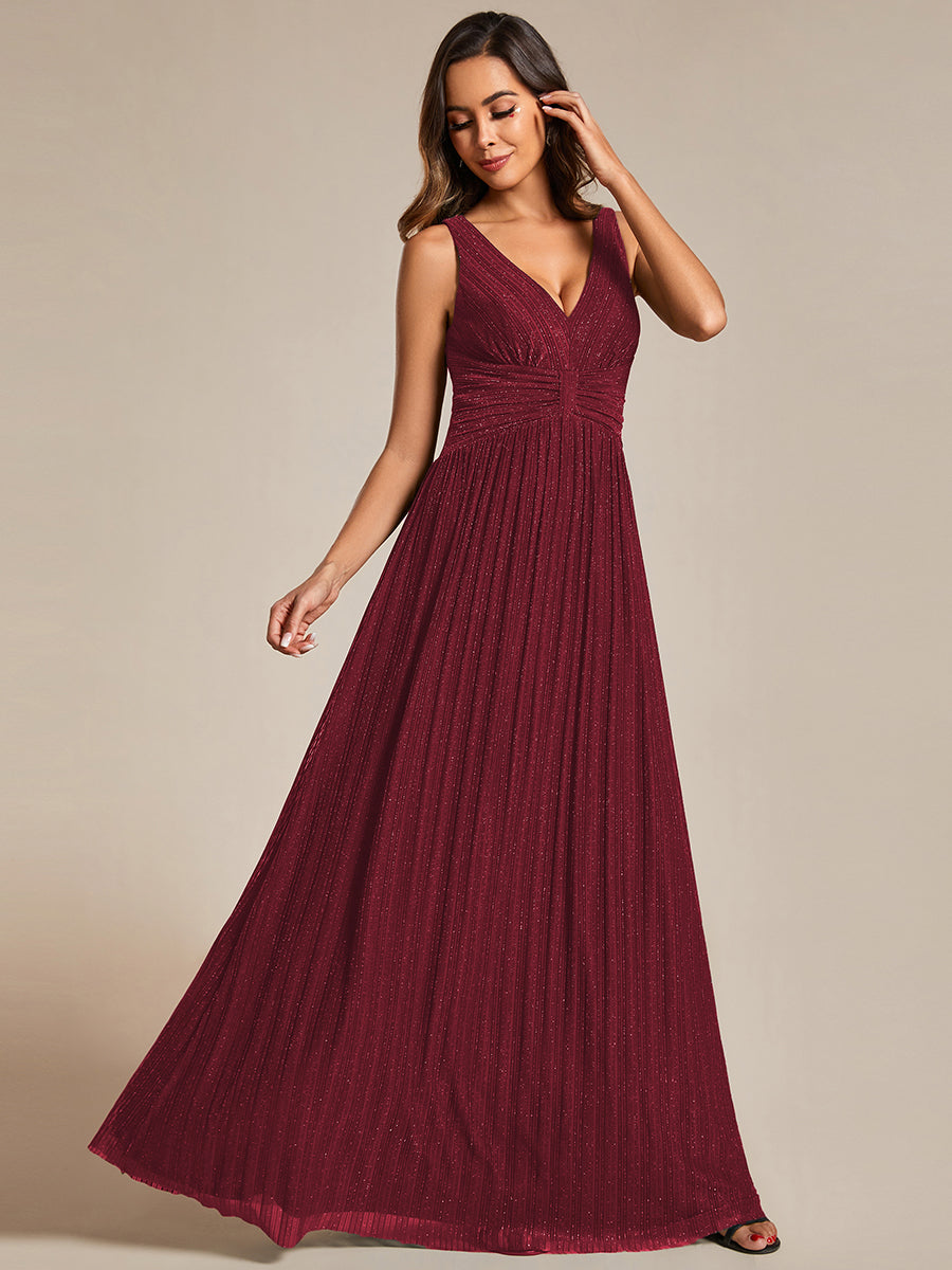 Color=Burgundy | Glittery Pleated Empire Waist Sleeveless Formal Evening Dress-Burgundy 1