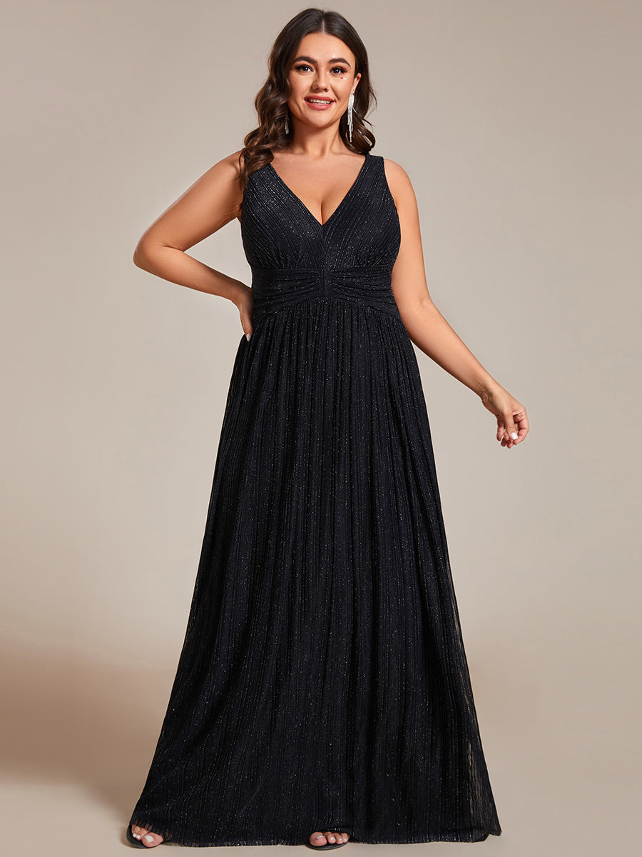 Color=Black | Plus Glittery Pleated Empire Waist Sleeveless Formal Evening Dress-Black