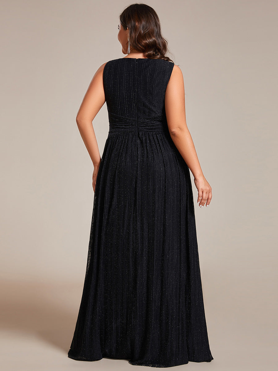 Color=Black | Plus Glittery Pleated Empire Waist Sleeveless Formal Evening Dress-Black