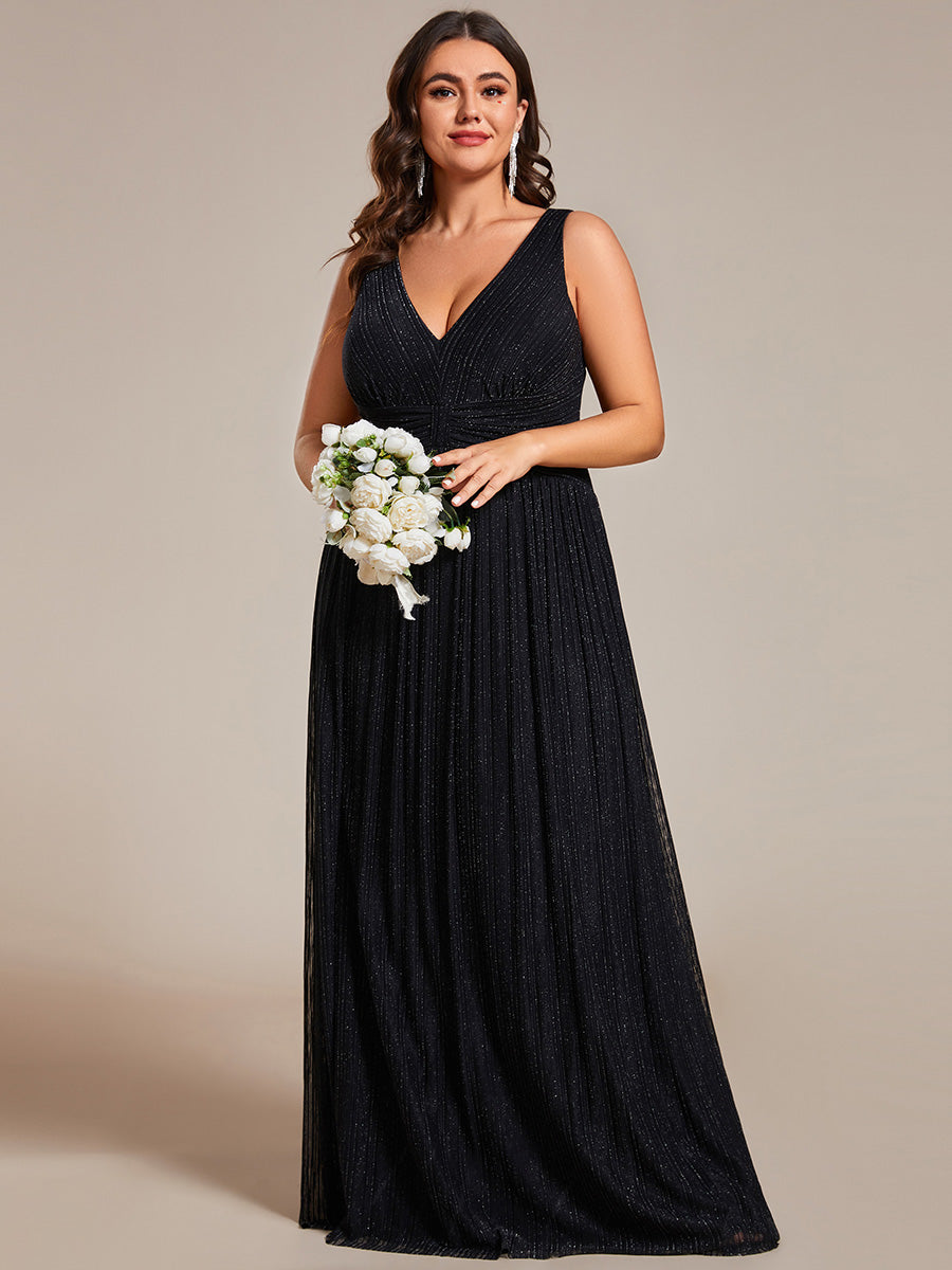 Color=Black | Plus Glittery Pleated Empire Waist Sleeveless Formal Evening Dress-Black